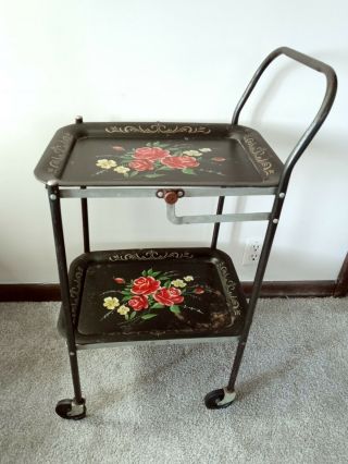 Vintage Metal Tv Tray Serving Cart W/ Wheels Black With Floral Mid Century