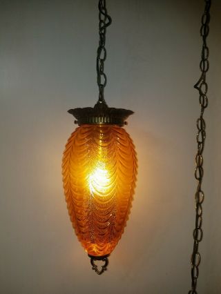 Vintage Amber Glass Hanging Light W/ Chain Mcm Swag Lamp Ceiling Fixture