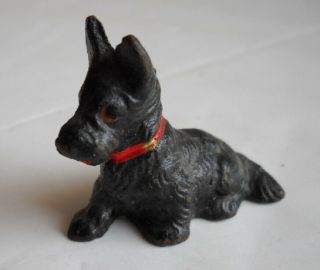 Vintage Cast Iron Miniature Scottie Dog Figurine With Red Collar And Tongue