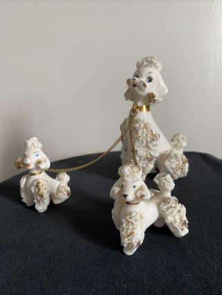 Vintage Lefton Porcelain Gold Accents Spaghetti Mother Poodle W/ 2 Puppies