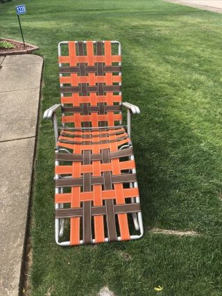 Vintage Aluminum Folding Webbed Chaise Lounge Lawn Chair Brown And Orange Colors