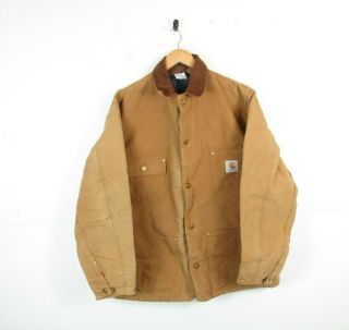 Vtg Carhartt Mens Beige Button Detroit Jacket Blanket Lined Zipup Workwear 44 "