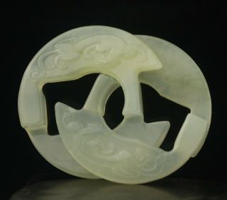 Old China Natural Hetian White Jade Hand - Carved Dragon Double Circle Pendant