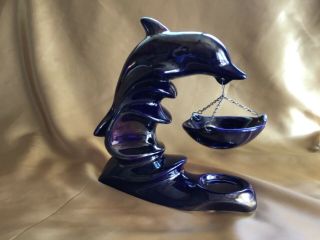Iridescent Cobalt Blue Ceramic Dolphin Figurine Oil Diffuser Candle Holder 9 "