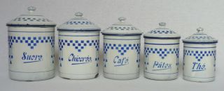Vintage French Enamel Canister Set Of Five In White With Blue Art Deco Design