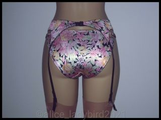 Nos Vintage 2pc Satin Nylon Hi - Leg String Bikini Panty Floral Garter Belt Set M