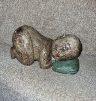 Japanese Asian Chinese Oriental Wooden Carved Sleeping Baby Buddha Bare Bum