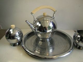 VTG 1930 ' s Chase Chrome Art Deco Teapot Creamer & Sugar Bakelite Handles On Tray 2