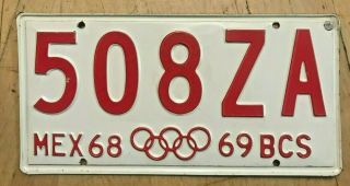 1968 1969 Olympics Olympic Rings Mexico City Bcs Mex License Plate " 508 Za "