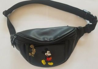 Vintage Disney Mickey Mouse Embroidered Black Faux Leather Fanny Pack Waist Bag