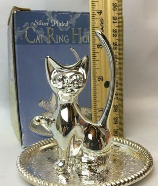Cat Ring Holder Silver Plated Kitty Jewelry Trinket Dish Home Decor Feline