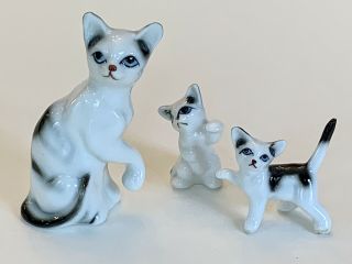 Vintage Miniature Porcelain Siamese Cat And Two Playful Kittens Figurines