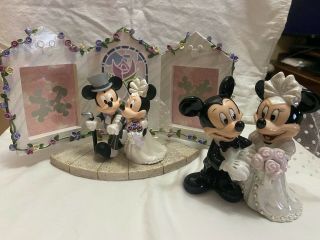 Retired Disney Mickey Minnie Bride Groom Wedding Cake Topper & Picture Frame