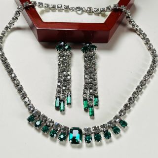 Sparkling Vintage Green/clear Rhinestone Silver Plated Necklace/earrings