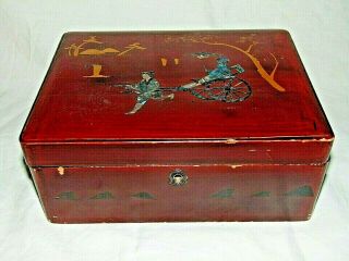 Antique Oriental Chinese Japanese Lacquer Painted & Abalone Shell Inlaid Box