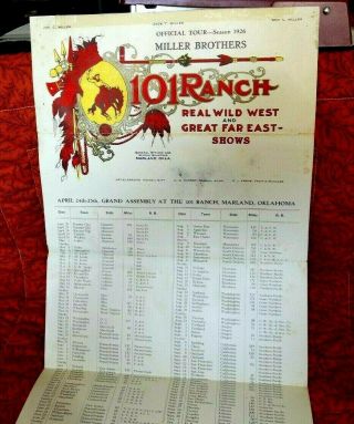 Vintage 1926 Official Tour Large Paper For Miller Bros.  101 Ranch Wild West Show