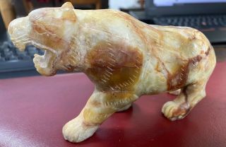 100 Natural Chinese Jade Vintage Early Hand Carved Tiger Figure Statue 6 " X3.  5 "