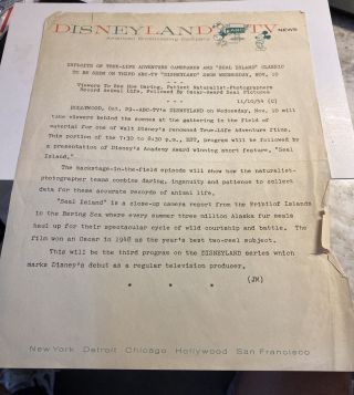 1954 True Life Adventures Disneyland Abc Press Release
