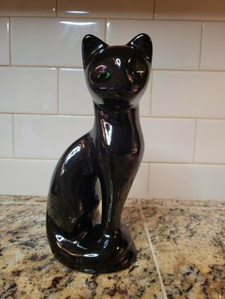 Vintage Mid Century Modern Black Ceramic Cat Figurine Green Eyes 8 1/2 "