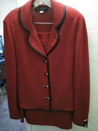 Vtg St.  John By Marie Gray 2 Pc Knit Skirt Suit Sz 8 Red Black Faux Leather Trim