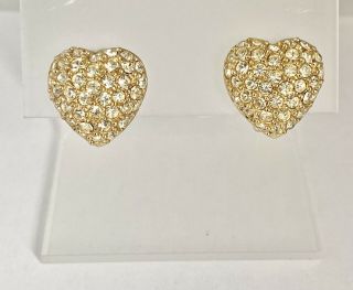 Vintage Christian Dior Heart Shaped Clip On Earrings Gold Tone Rhinestone Pave