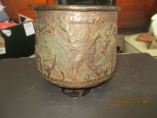 Antique Middle Eastern Solid Copper Bowl With Figures