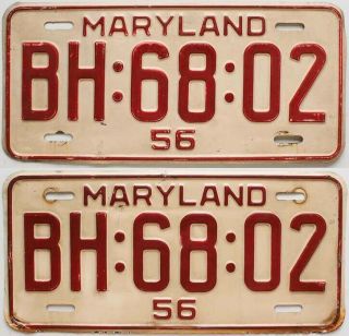 Vintage Maryland 1956 License Plate Pair,  Bh 68 02