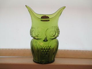 Vintage Rainbow Viking Green Hand - Blown Art Glass Owl Vase W/sticker