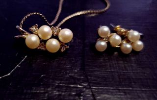 Vintage 14k Gold Pearls With Diamonds Set: Necklace/pendant & Earrings
