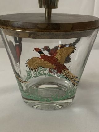 Vintage Ice Bucket Pheasant Glass W/ Wood Lid Gold Trim