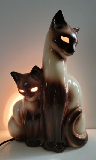 Vintage Khan Mcm Ceramic Siamese Cats Tv Lamp Lighted Eyes Euc