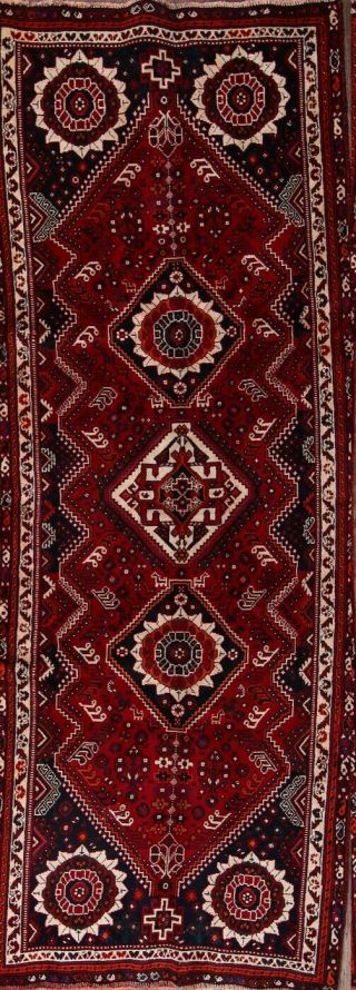 Vintage Tribal Runner Geometric Red Hand - Knotted Wool Oriental Area Rug 4x10