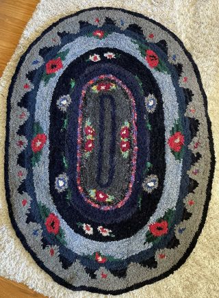 Colorful Antique Vintage American Hand Hooked Wool Rug Ex Cond 46 X 33 Inches