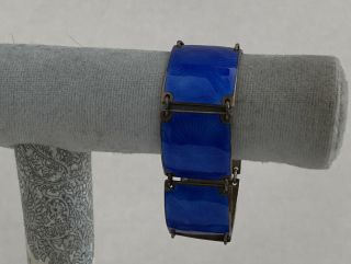 Norway 925 Sterling Guilloche Blue Enamel Panel Bracelet Vintage
