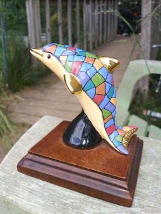 Dolphin Mosaic Ceramic Figurine On Wooden Stand Ecuador 3 1/2 "