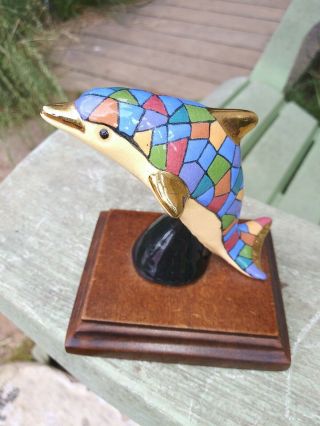 Dolphin Mosaic Ceramic Figurine on Wooden Stand Ecuador 3 1/2 