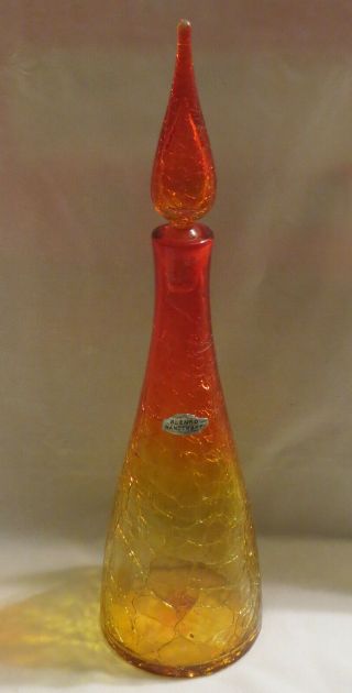 Vintage Mid - Century Blenko Glass Crackle Decanter Bottle Amberina W/stopper
