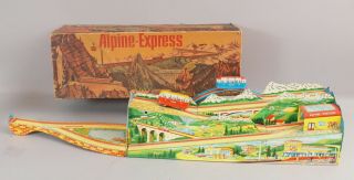 Vintage 1960s Technofix Apline Express 300 Tin Litho Wind - Up Mountain Bus Toy