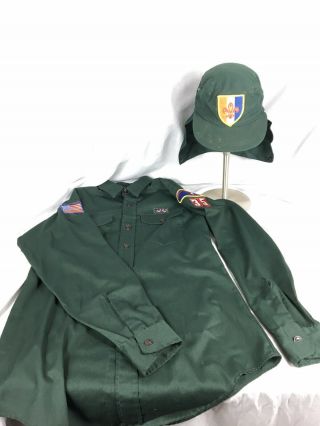 Vtg Bsa Boy Scouts Explorers Uniform Sanforized Shirt Hat With Neck Flap 1970s