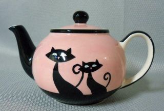 Hues N Brews Huesnbrews Mod Retro Shag Ska Art Pink Black Cat Silhouette Teapot