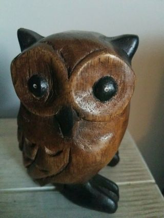 Hand Carved Dark Hard Wood Owl 4 - 1/2 " Tall