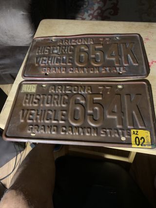 Vtg 1977 Arizona Historic Vehicle Copper License Plate Matching Set,  654k