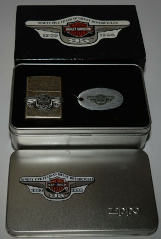 Vintage Harley Davidson 95 Anniversary Zippo Lighter And Keychain