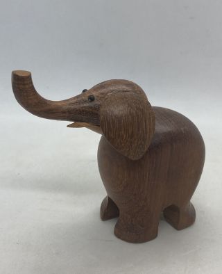 Vintage Elephant Figure Trunk Up Carved Wood Mid Century Modern 3.  5” Tall