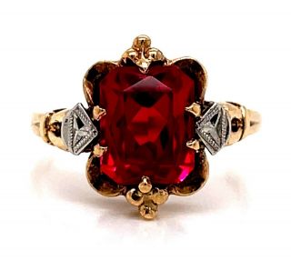 Synthetic Ruby Vintage Style Ring In 10 Karat Yellow & White Gold