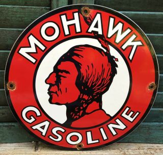 Vintage Mohawk Oils Motor Oil Gasoline Porcelain Enamel Gas Pump Sign