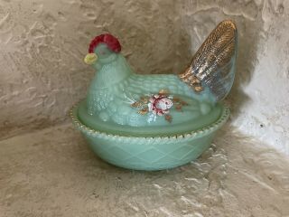 Vintage Rosso / Westmoreland Hen On Nest - Hand Painted - Signed Candy Dish 5”
