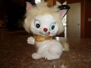 Vintage Ceramic Cat Figurine With Fur,  Big Ears And Big Eyes Made In Japan