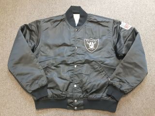 Vtg 80s 90s Starter Los Angeles Raiders Nylon Satin Bomber Jacket Black Large L