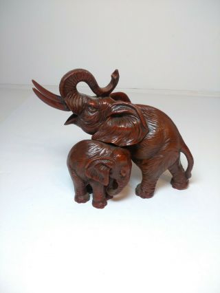 Vintage Red Resin African Elephant W/ Baby Figurine Trunk Up Heavy 2.  7 Lbs